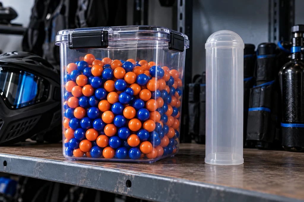 Illustration : Stockage des billes de paintball pour garder qualité et précision